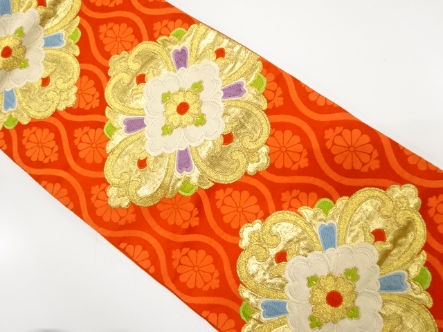 JAPANESE KIMONO / ANTIQUE FUKURO OBI / SILK / WOVEN FLOWER CREST